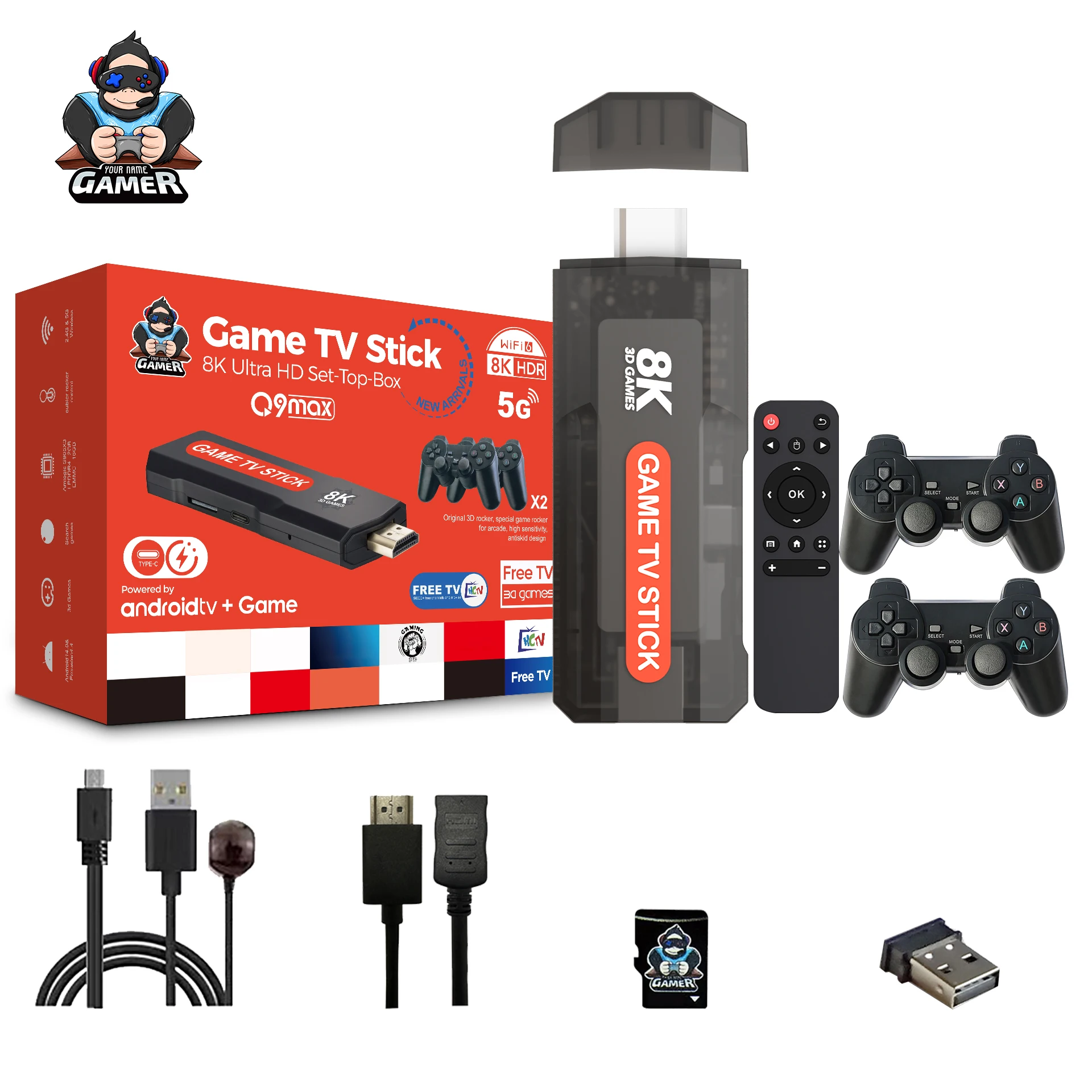 Q9MAX Game Stick Mali G31 CPU Allwinner H313 1GB ram 8GB Rom MAX Android 14 Operation System Factory Direct