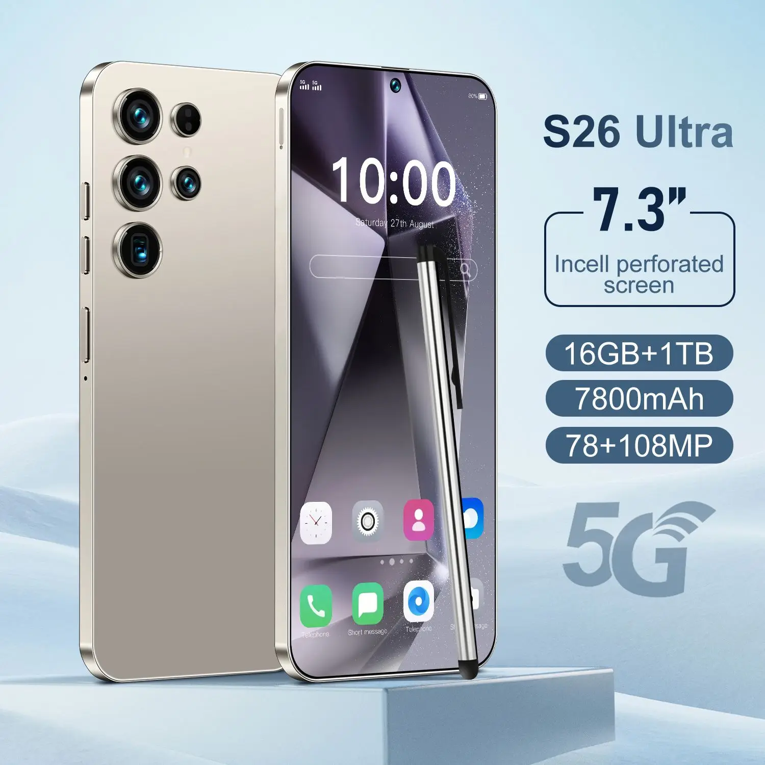 S26 Ultra Smart 5G Smartphone 16GB+1TB Dual SIM Deca Core CPU 7.3 Inch HD Screen 7800mAh Battery 108MP Global Version