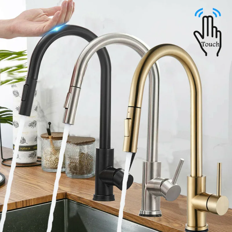 Modern Single Handle Pull-Out Spray Kitchen Faucet 304 Stainless Steel Smart Touch Single Hole Installation Ceramic Valve Core