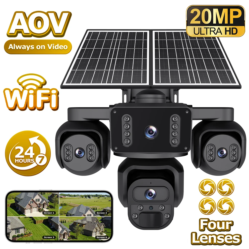 Economic 20MP Real 4 Lens 4 Screens AOV Wifi Security Tracking IP66 Human Detection PIR Alarm 24/7 Working Solar Battery Camera
