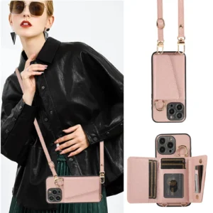 16 15 14 Pro Max Case with Mirror StrapFoldable PC+TPU Luxury Card Holder Wallet Mobile Phone Bag Case For iPhone 17 Pack of 2