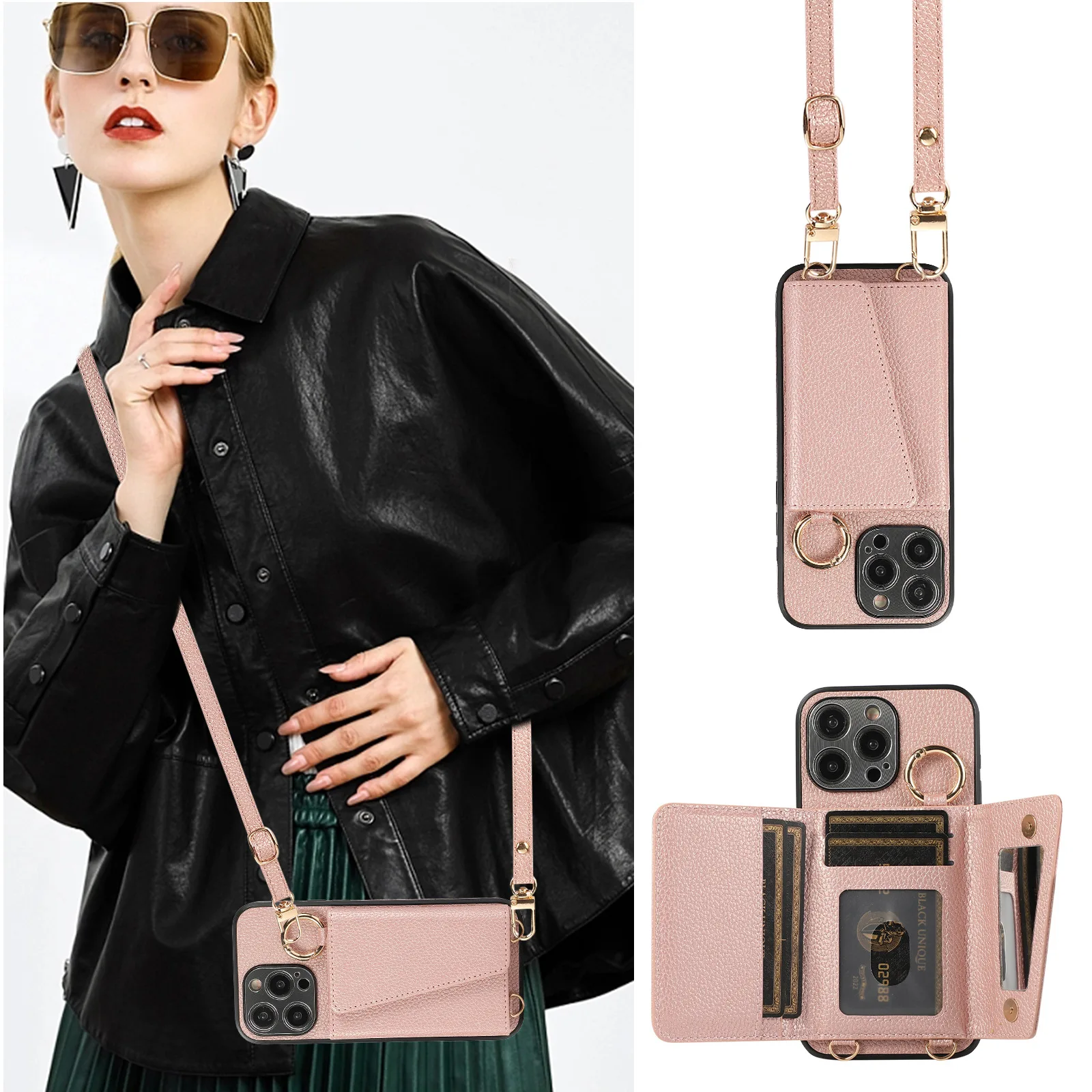 16 15 14 Pro Max Case with Mirror StrapFoldable PC+TPU Luxury Card Holder Wallet Mobile Phone Bag Case For iPhone 17 Pack of 2