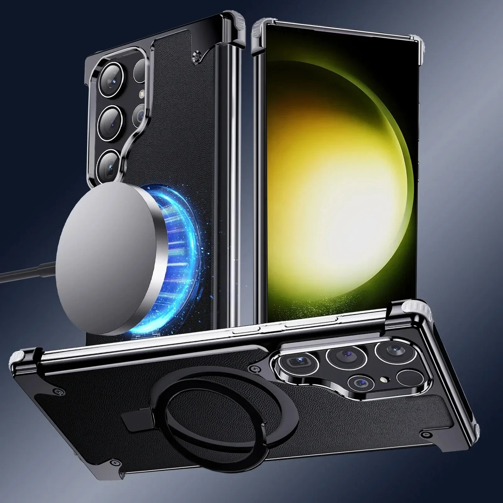 High Quality PC Leather Cover Magnetic Bracket Case Rugged Aluminium Alloy Metal Rimless Case for Samsung S23 S24 Ultra - Image 2