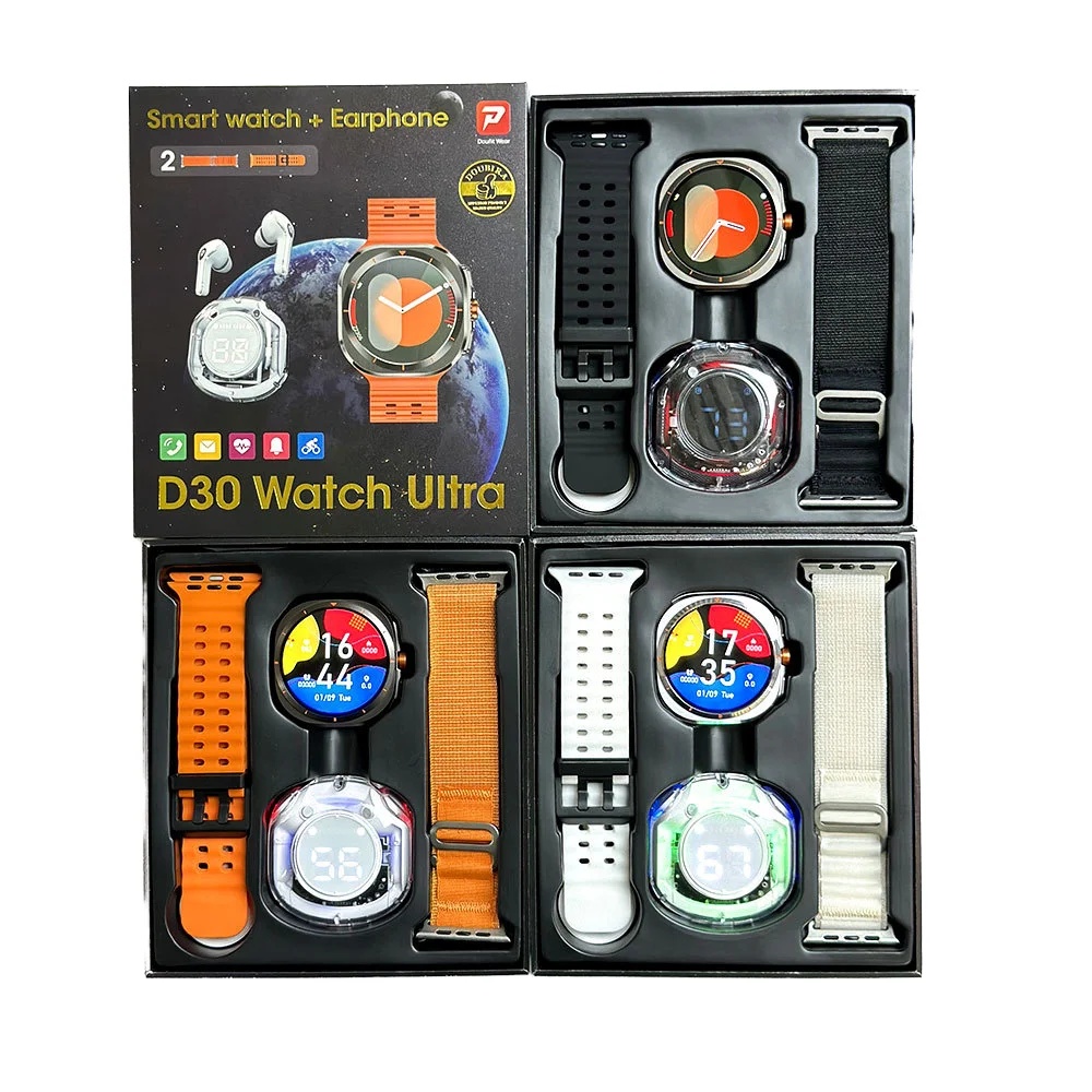 D30 Ultra Smartwatch with HD IPS Screen Double Band TWS Earbuds Smart Fitness Tracker and Waterproof IP68 for Android Users Pack of 2