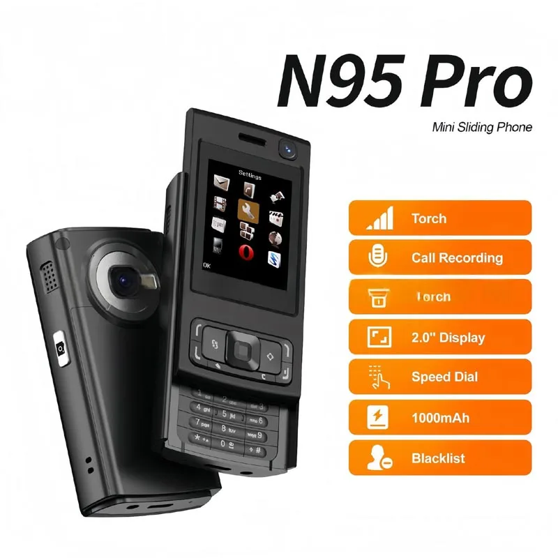 N95 PRO Slide Screen Mini Mobile Phone 2G GSM Call Recording Torch MP3/MP4 Player Blacklist FM Radio Push Screen Cellphone Pack of 5