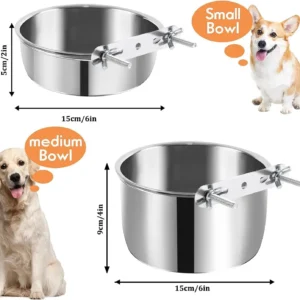 2 Pack Rounded Stainless Steel Eco-friendly Waterproof IPX5 Dog Food Water Bowls No-Spill Hanging Kennel Puppy Cat Bird Bunny Pack of 2