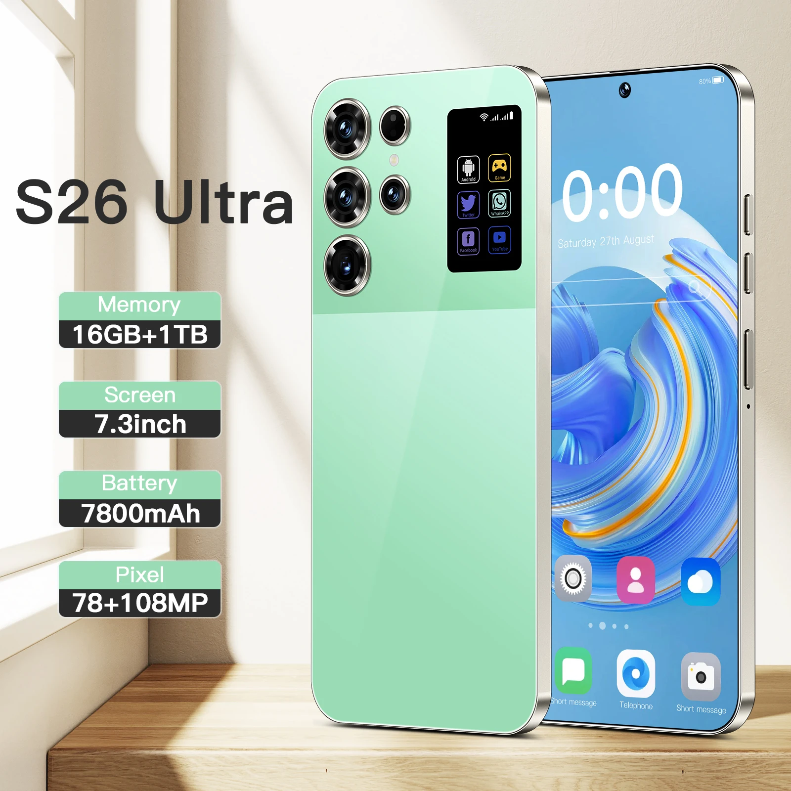 S26 Ultra 3G/4G/5G Mobile Phone 16GB RAM 1TB Storage Smartphone 7.3 Inch HD Dual Card Android Cellphone