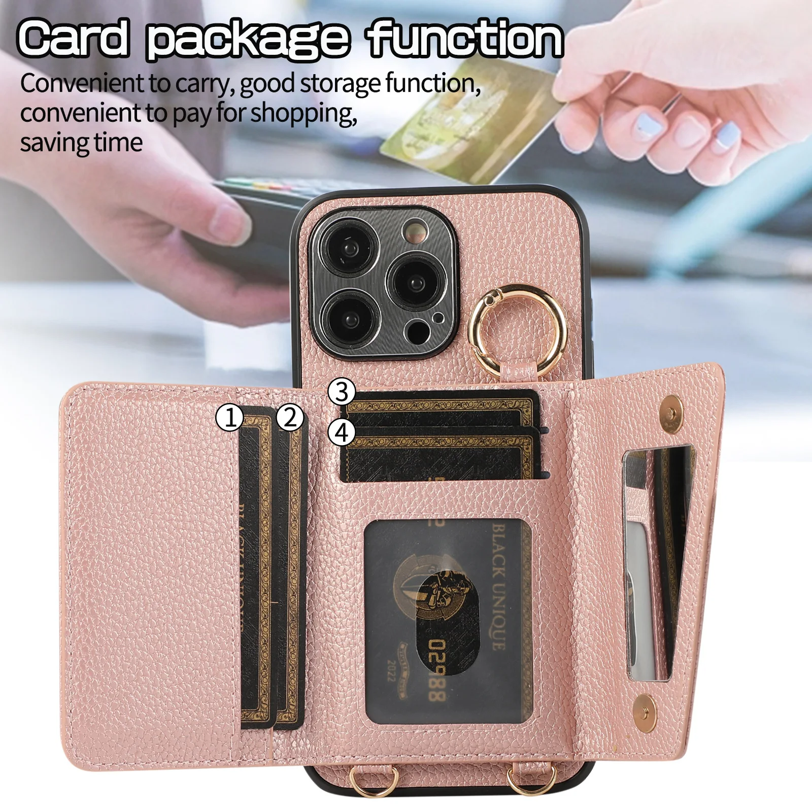 16 15 14 Pro Max Case with Mirror StrapFoldable PC+TPU Luxury Card Holder Wallet Mobile Phone Bag Case For iPhone 17 Pack of 2 - Image 4
