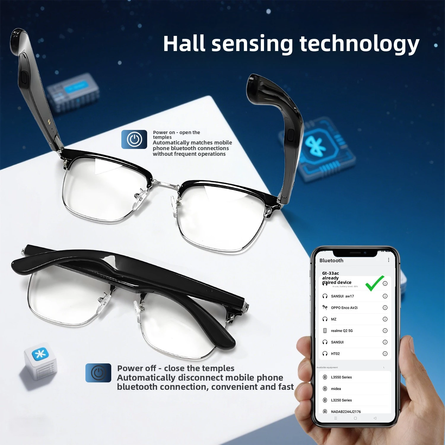 MZT-GT33 Automatic On/Off Bluetooth Metal Spring Hinge Design AI Smart Glasses Listening to Songs Talking Glasses - Image 3