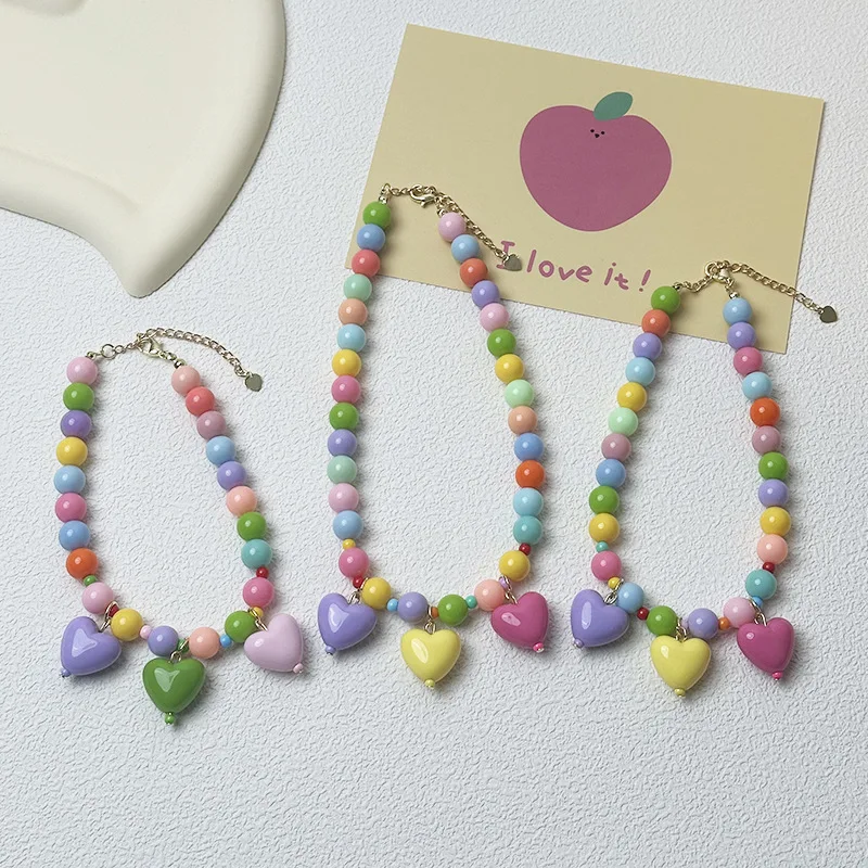 JXANRY Cat Dog Simple Style Resin Durable Beaded Sweet Cute Mixed Color Heart-shaped Pendant Necklace Collar Pet Jewelry Pack of 2 - Image 2