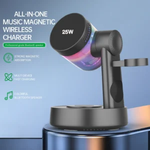 Low MOQ Certification Multifunctional All in One RGB Music Magnetic 4 in 1 Wireless Charger With BT Speaker 25w Fast Charger Z6 Pack of 2