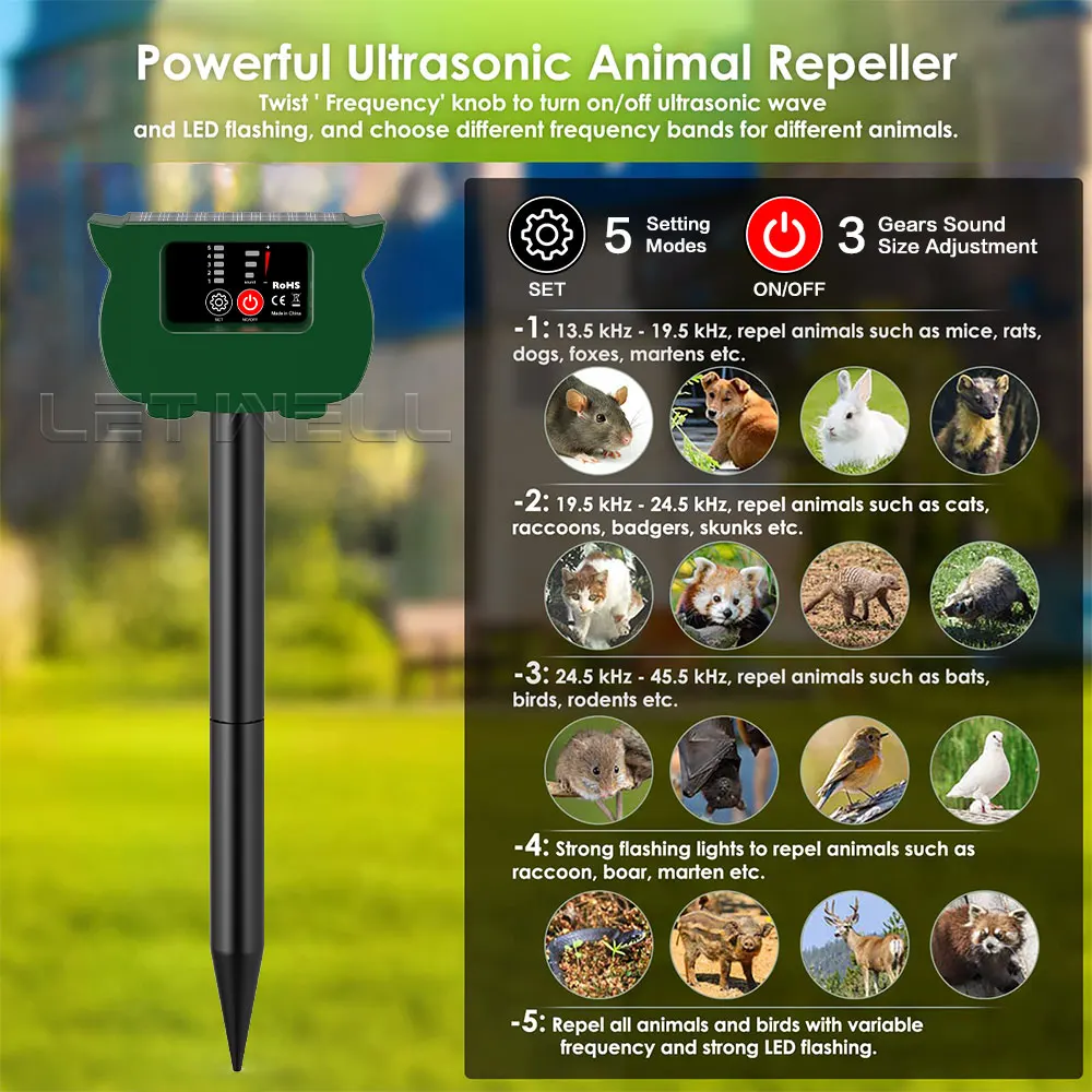 Ultrasonic Animal Repellent Cat Dog Snake Mouse Deterrent Solar Powered Garden Waterproof Solar Animal Mole Repeller Farm Yard - Image 4