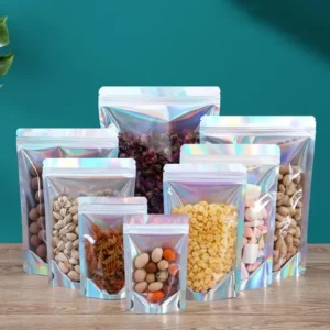 100pcs Transparent Holographic Laser Film Resealable Aluminum Foil Mylar Ziplock Stand Pouches for Food Packaging Heat Seal Pack of 100