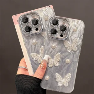 Pearl Butterfly Mobile Case Fully Wrapped Women's Fashion Luxury Design Phone Cover 15 14 Plus for iPhone 16 Pack of 5