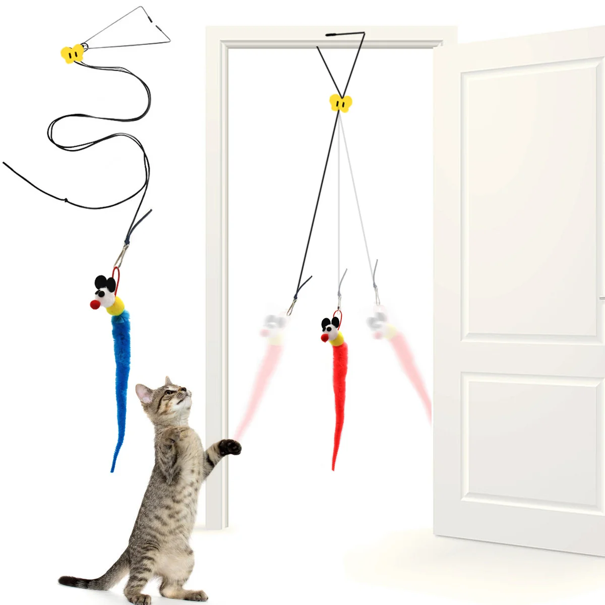 Adjustable Door Frame Teaser with Feather and Beads for Cats Feather Pom Cat Interactive Hanging Toy Pack of 2 - Image 4