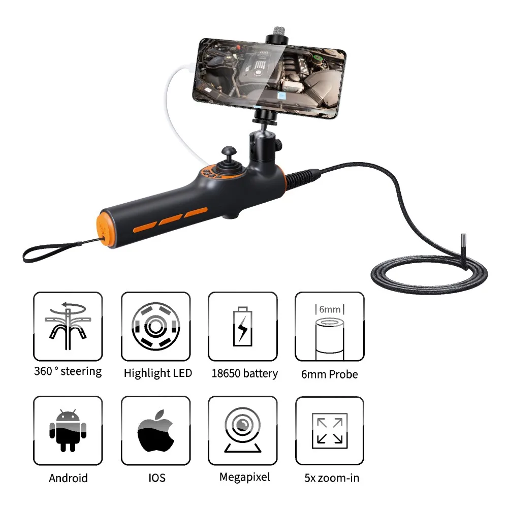 2024 Hot 360° Endoscopic Camera 6mm Video Flexible HD Industrial Endoscope Camera Phone Portable Car Camera Automotive Borescope - Image 2