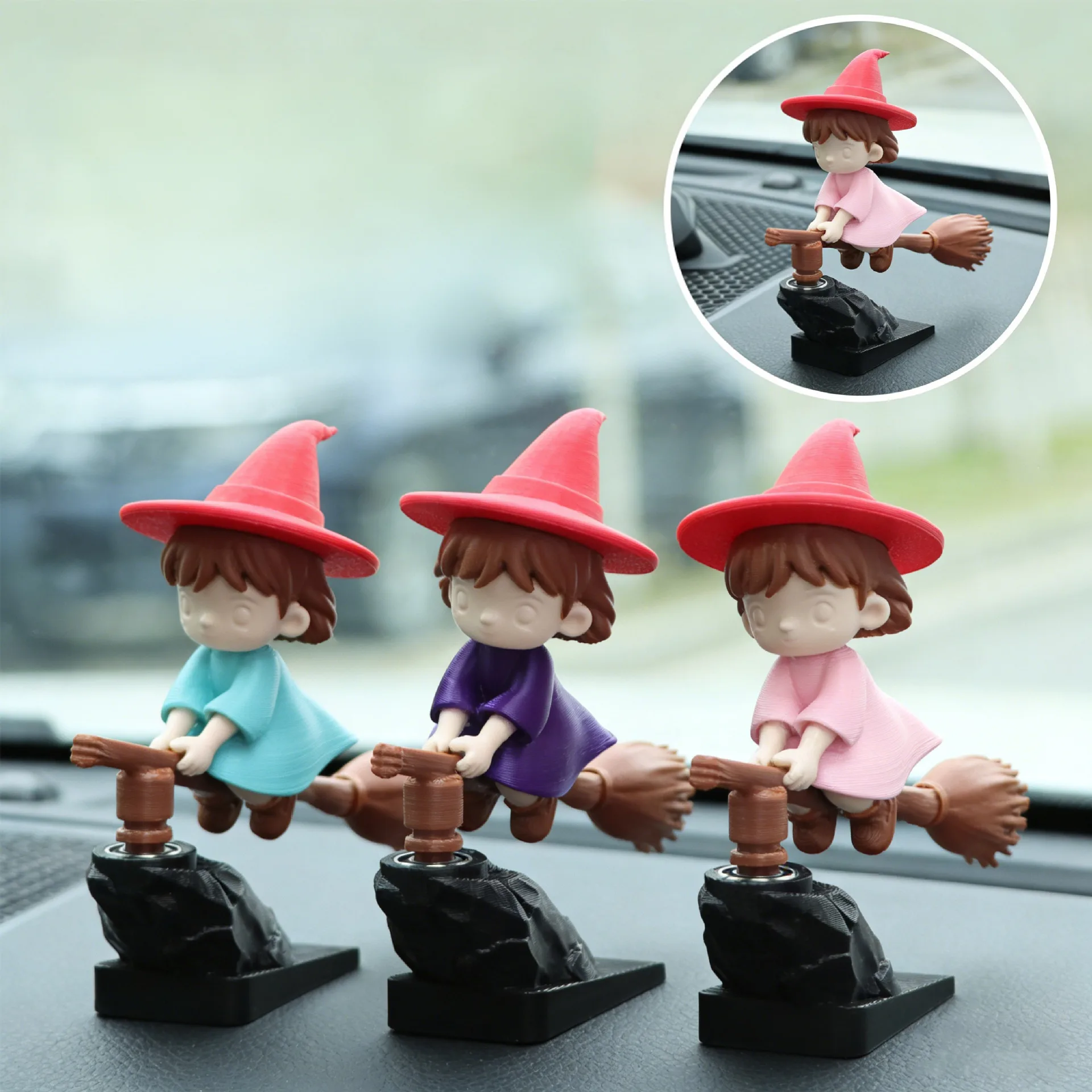 Vashine 3D Printed Colorful Cartoon Flying Witch Car Ornament Toys Funny Swing Car Decoration Shaking Sorceress Toys Pack of 5