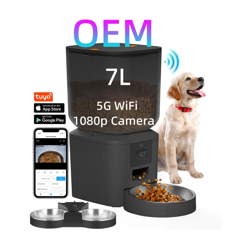 OEM 7L 5G Wifi Night Vision Smart Pet Feeder With App Control and Camera Dual Bowl Automatic Dog Feeder Cat Food Dispenser Timer Pack of 8