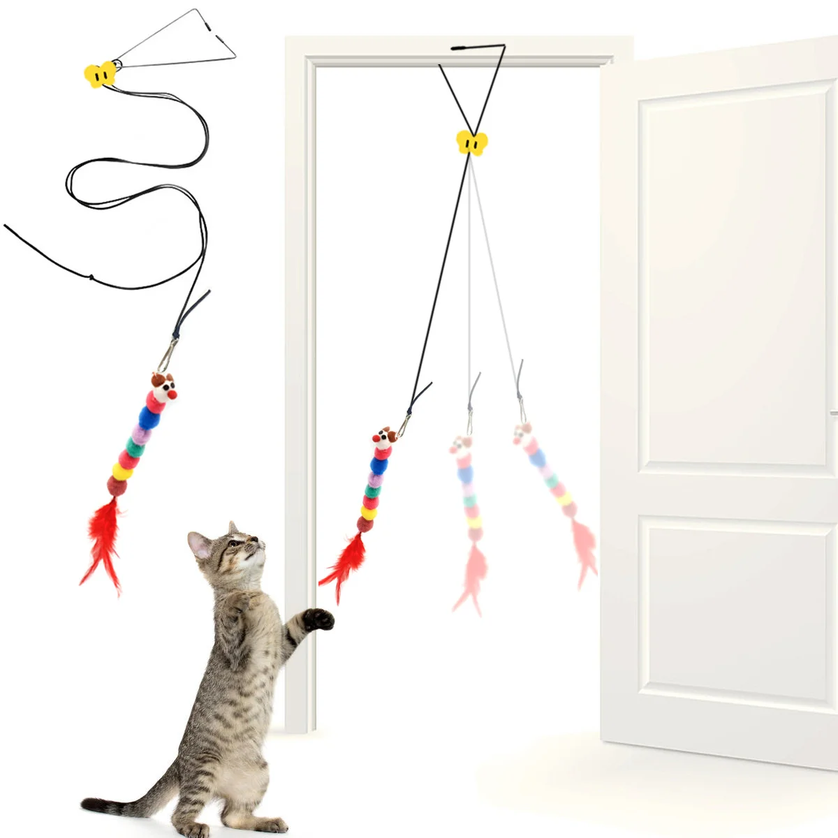 Adjustable Door Frame Teaser with Feather and Beads for Cats Feather Pom Cat Interactive Hanging Toy Pack of 2 - Image 3