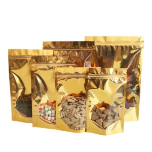14x20cm Clear Front Window Glossy Gold Aluminium Foil Metallic Stand up Storage Pouch Zipper Mylar Bag for Food Packaging Pack of 200