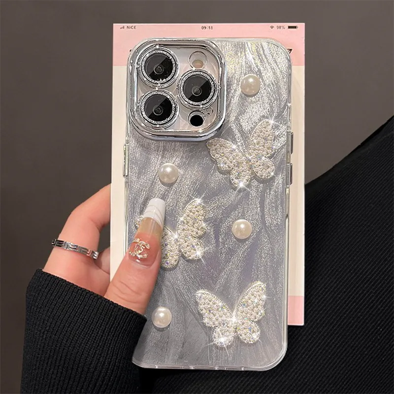 Pearl Butterfly Mobile Case Fully Wrapped Women's Fashion Luxury Design Phone Cover 15 14 Plus for iPhone 16 Pack of 5 - Image 2