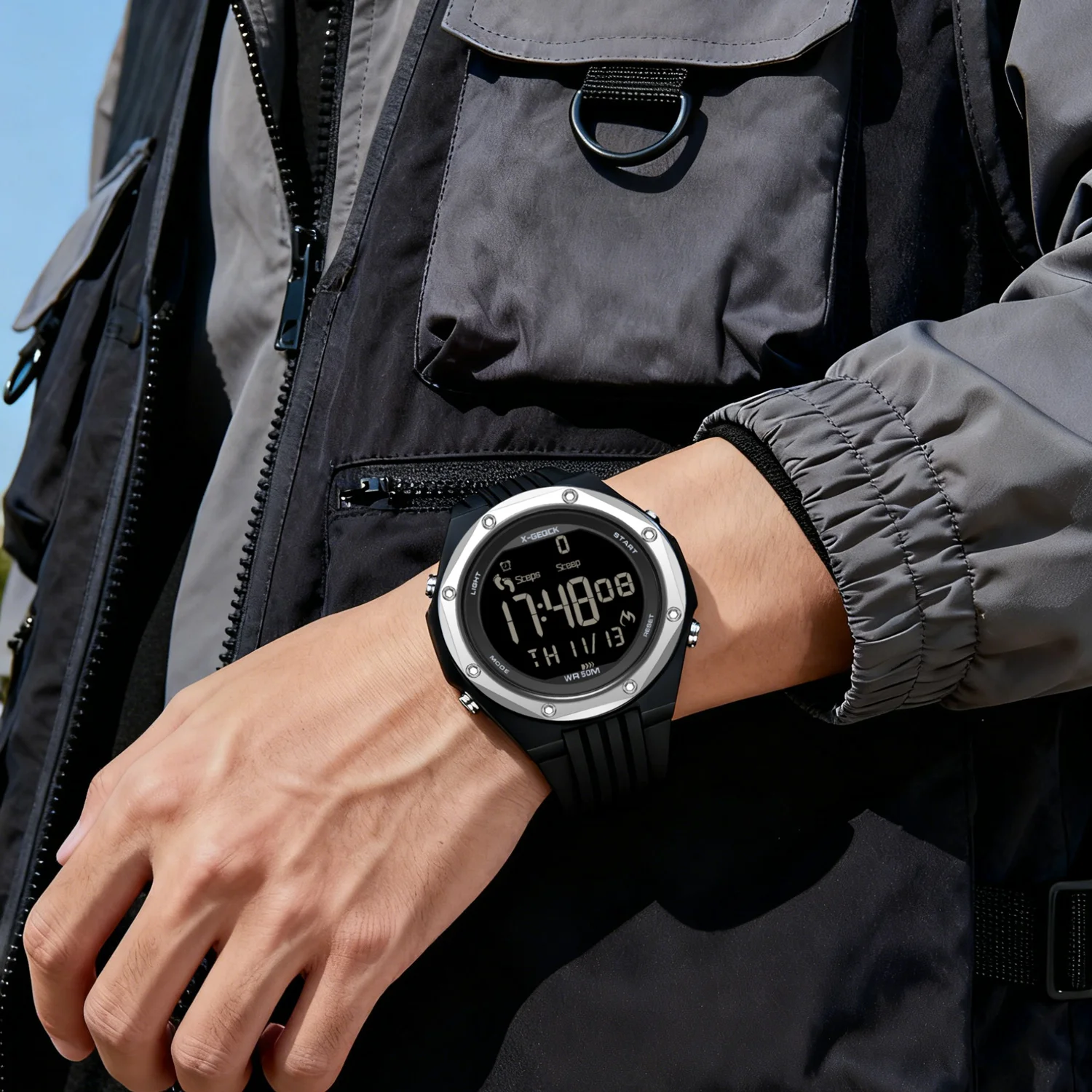 X-GEQCK Digital Watch Multifunctional LED Display Screen Sports Rubber 5BAR Waterproof Stopwatch Counter Wholesale Factory Pack of 2 - Image 2