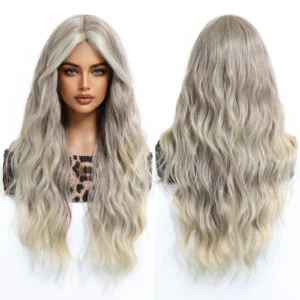 26inch Synthetic Fiber Wig Factory Natural Wavy Gray Silver Ombre Blonde Highlights Long Loose Wig with Elastic Cap Real Photos