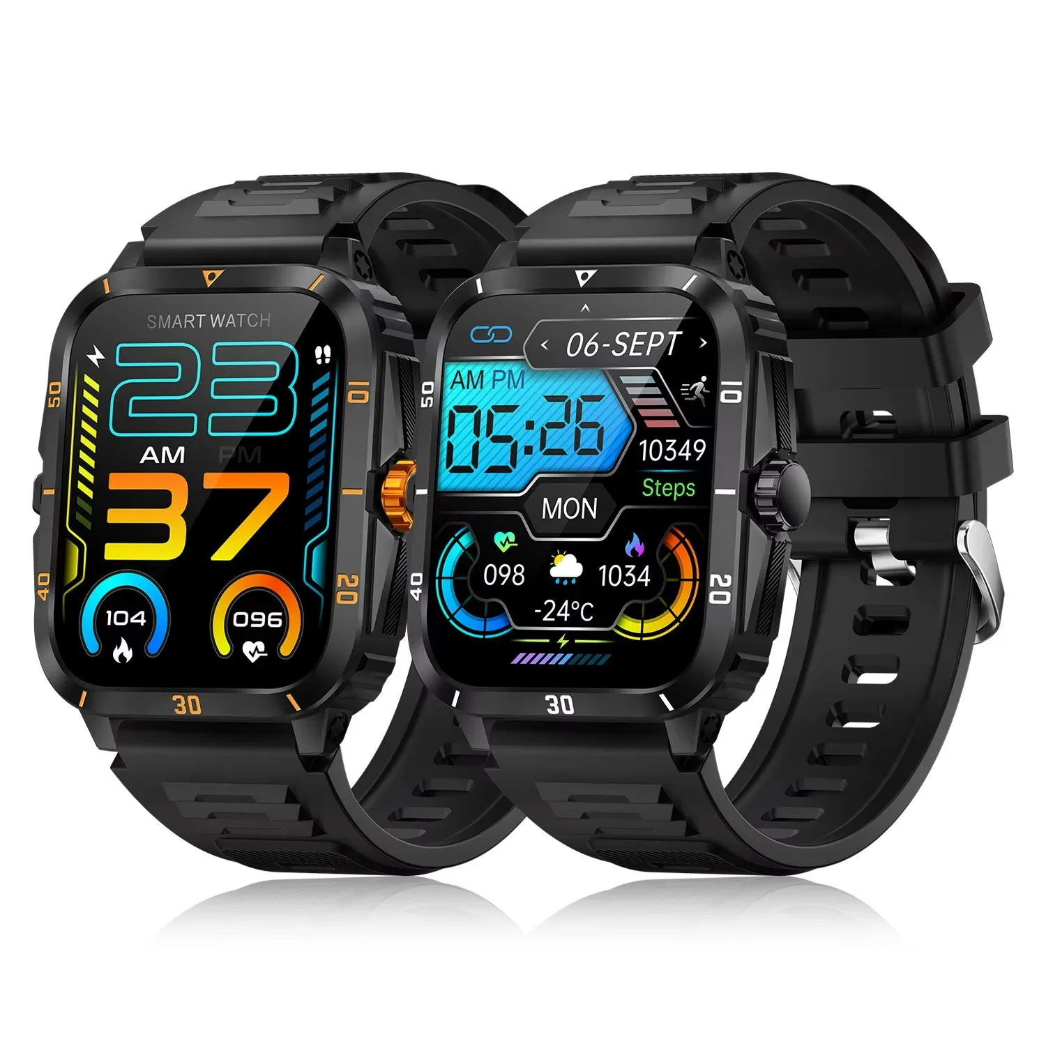 Outdoor Smart Watch KT71 Sport Tracker 1.96 Inch Screen 3ATM Waterproof BT Calling Heart Rate Blood Pressure Smartwatch Men Pack of 2