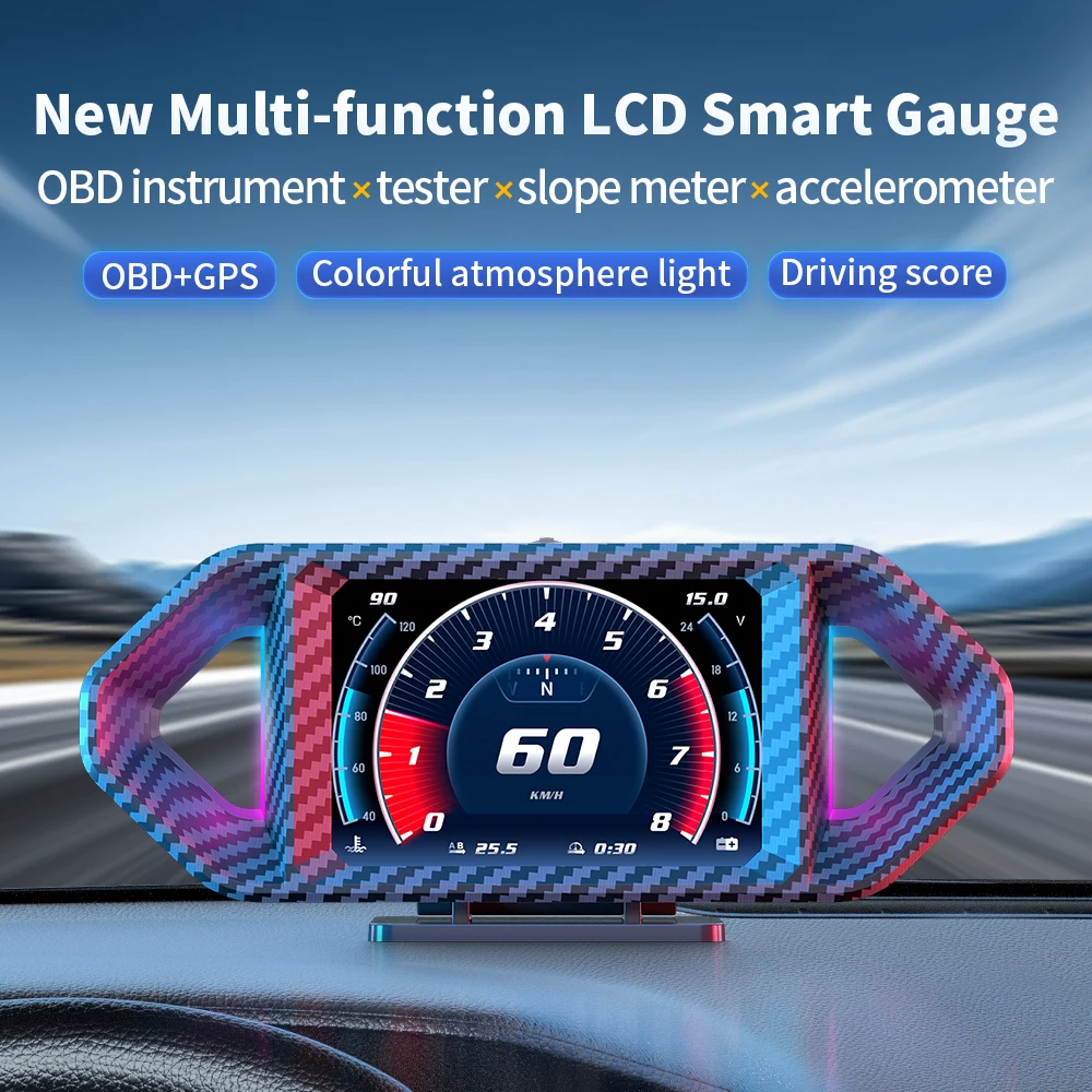 Simulated Carbon Fiber OBD and GPS Gauge Car Hud Head up Display With Multiple Languages for Universal Car Pack of 2 - Image 2