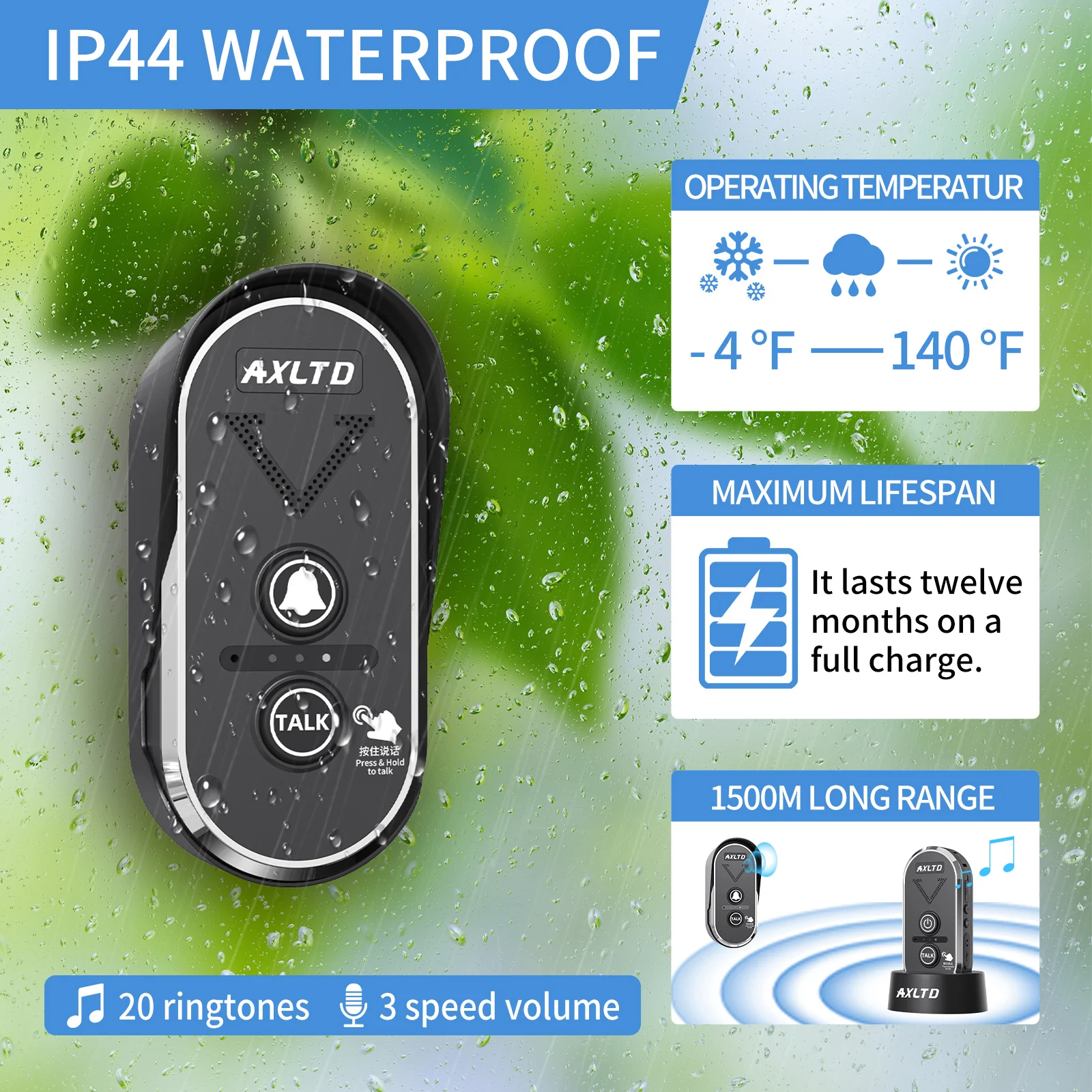 Wireless Video Audio Doorphone System Touch Screen 1500m Range Waterproof Rechargeable Battery 3 Volume Levels 20 Ringtones Home Pack of 2