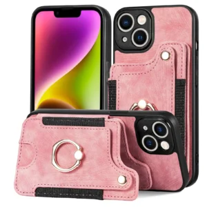 PU Leather Wallet Card Slot Magnetic Finger Ring Holder Cover Case 16 15 14 13 12 11 Pro XR X XS Max for IPhone 17 Pack of 5