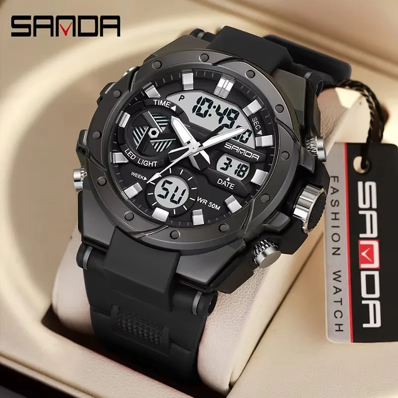SANDA 3313 Brand Watch Electronics Men Sport Alarm Clock Waterproof Stopwatch Chronograph Men Wristwatches Quartz Digital Watch Pack of 2 - Image 4