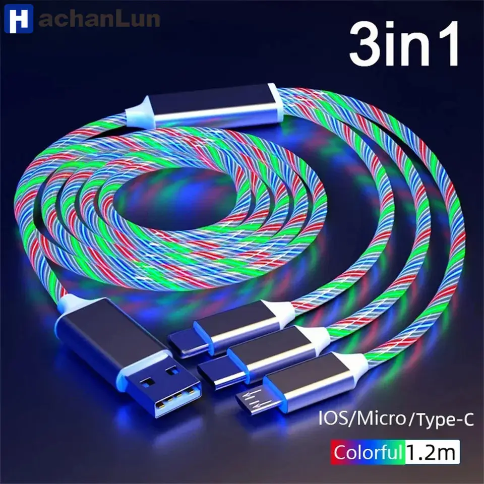 Glowing LED Light 3 in 1 Type C and USB Connectors Fast Charging Luminous Cable for iPhone Phone Accessories Pack of 200 - Image 3