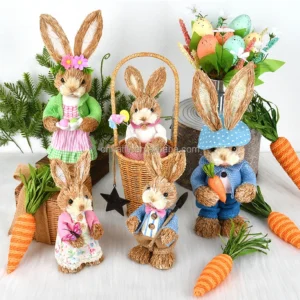 Hand-Woven Easter Straw Rabbit Cattail Ornaments Creative Spring Dress Window Decorations Beauty Props Bunny Egg 2pcs MOQ Pack of 2