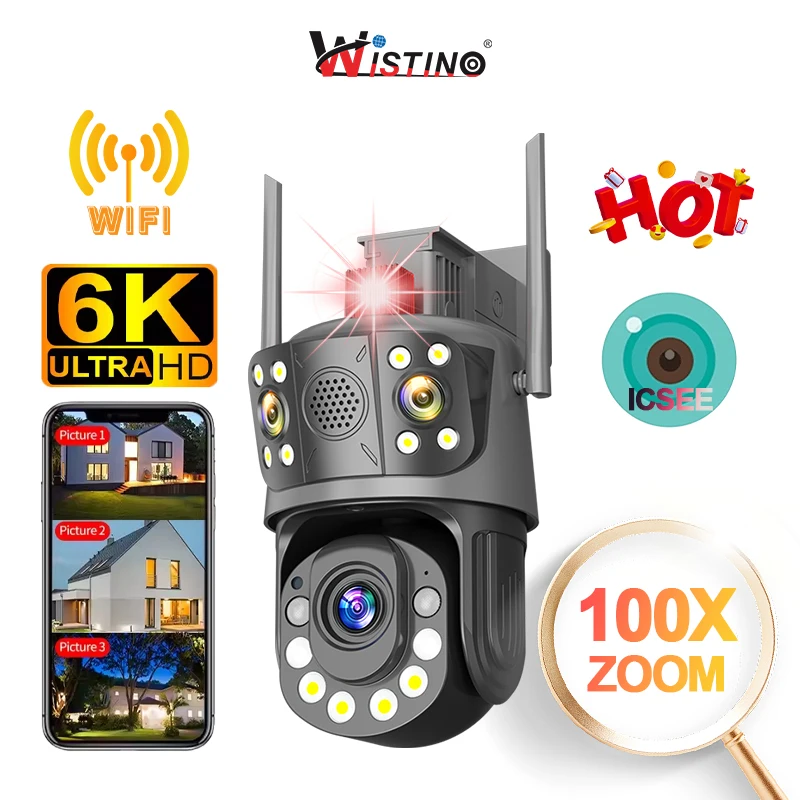 Wistino Icsee 6K Outdoor Wifi Three Lens 100x Optical Zoom Ip Camera Human Detection Color Night Vision Cameras Wifi