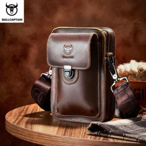 BULLCAPTAIN Crazy Horse Leather Men's Casual Waist Belt Bag High Quality Shoulder Messenger Multifunctional Phone Bag Travel