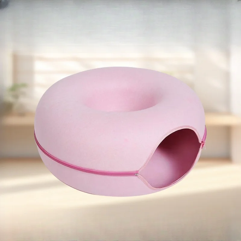 Cat Tunnel Bed Solid Pattern Donut Shape Doughnut Felt Pet Accessories Comfortable Closed Tire for Pets - Image 2