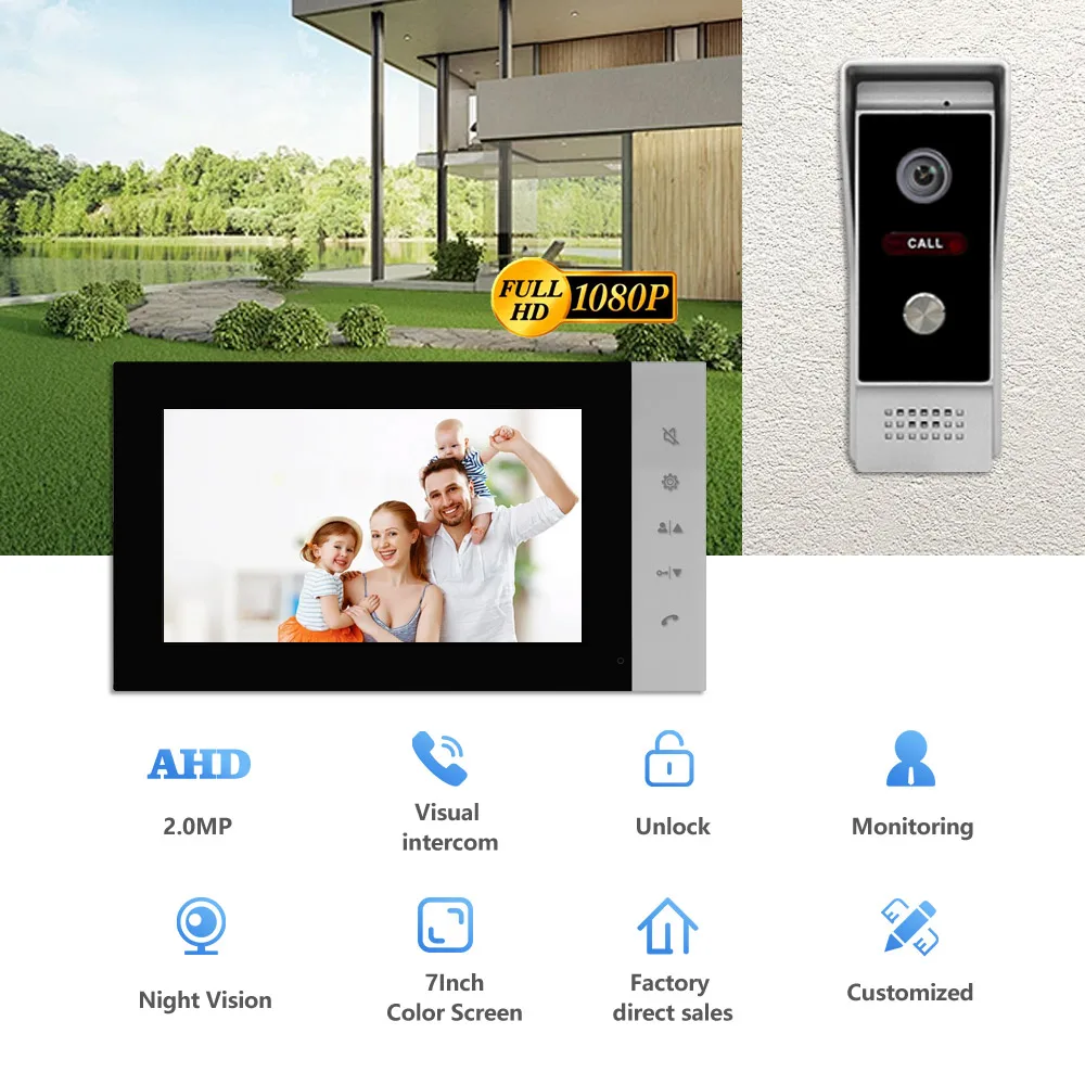 7-Inch Waterproof Home Doorbell Camera with Monitor Video Two-Way Intercom Visual Visiting Door Phones