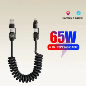 65W 5A Fast Charging TPE 4-in-1 USB-C//Spring Telescopic Mobile Phone Data Cable for iPhone for Pack of 200