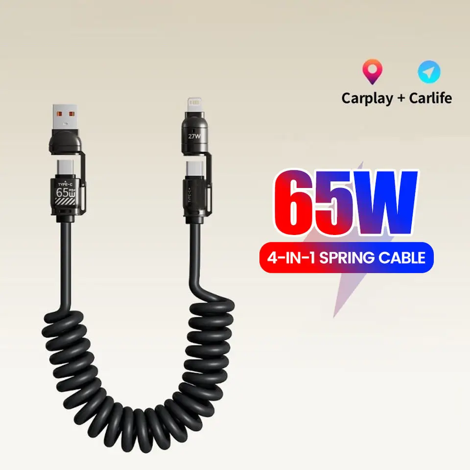 65W 5A Fast Charging TPE 4-in-1 USB-C//Spring Telescopic Mobile Phone Data Cable for iPhone for Pack of 200