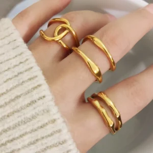 Modern 18K Gold Plain Irregular Bamboo Textured Double-Layer Stackable Band Ring Trendy Women Jewelry
