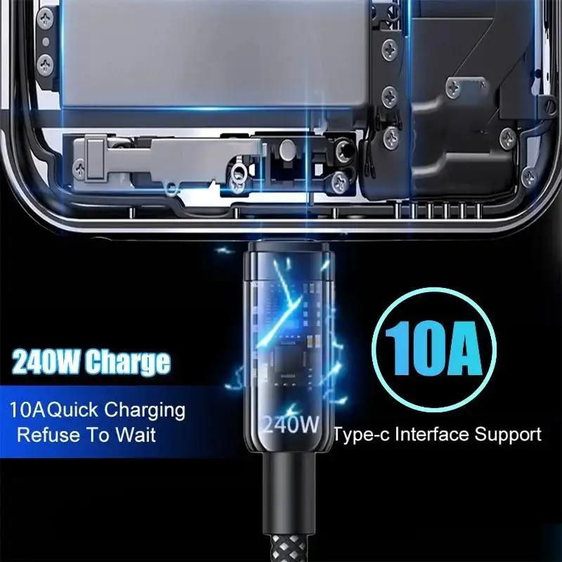 240W 6A USB Type-C Fast Charging Cable for Camera Mobile Phones Quick Charge Data Transfer Pack of 200 - Image 2