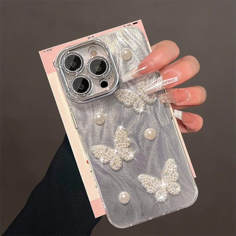 Pearl Butterfly Mobile Case Fully Wrapped Women's Fashion Luxury Design Phone Cover 15 14 Plus for iPhone 16 Pack of 5 - Image 4