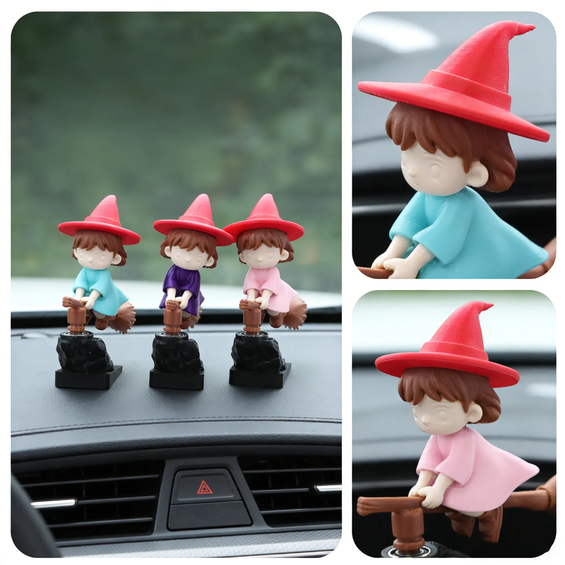 Vashine 3D Printed Colorful Cartoon Flying Witch Car Ornament Toys Funny Swing Car Decoration Shaking Sorceress Toys Pack of 5 - Image 3