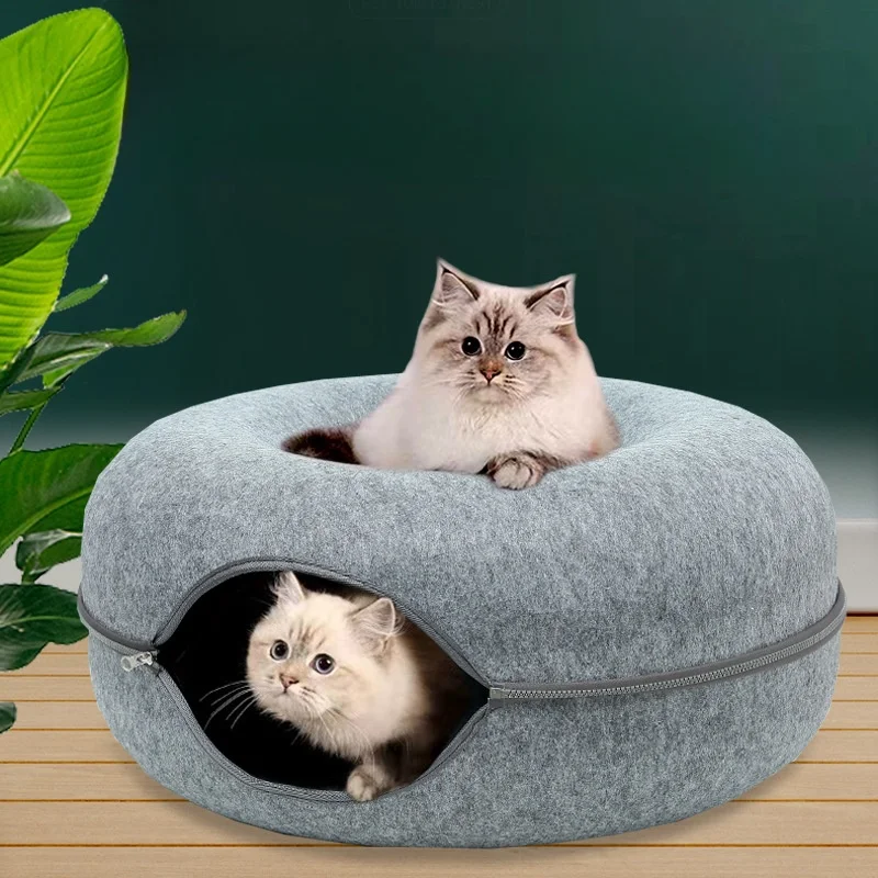 Cat Tunnel Bed Solid Pattern Donut Shape Doughnut Felt Pet Accessories Comfortable Closed Tire for Pets