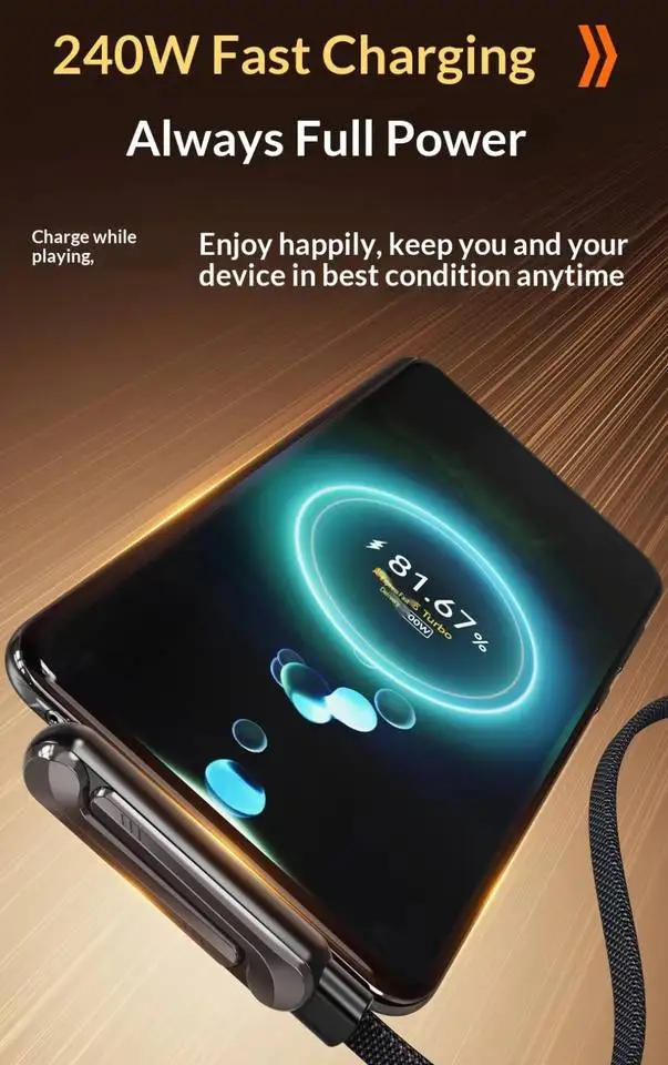 2-in-1 Stand Charging Cable Type C PD 240W Nylon Braided Elbow 180 Degree Fast Charger Flat Data Cable for Android Smartphones Pack of 10 - Image 4