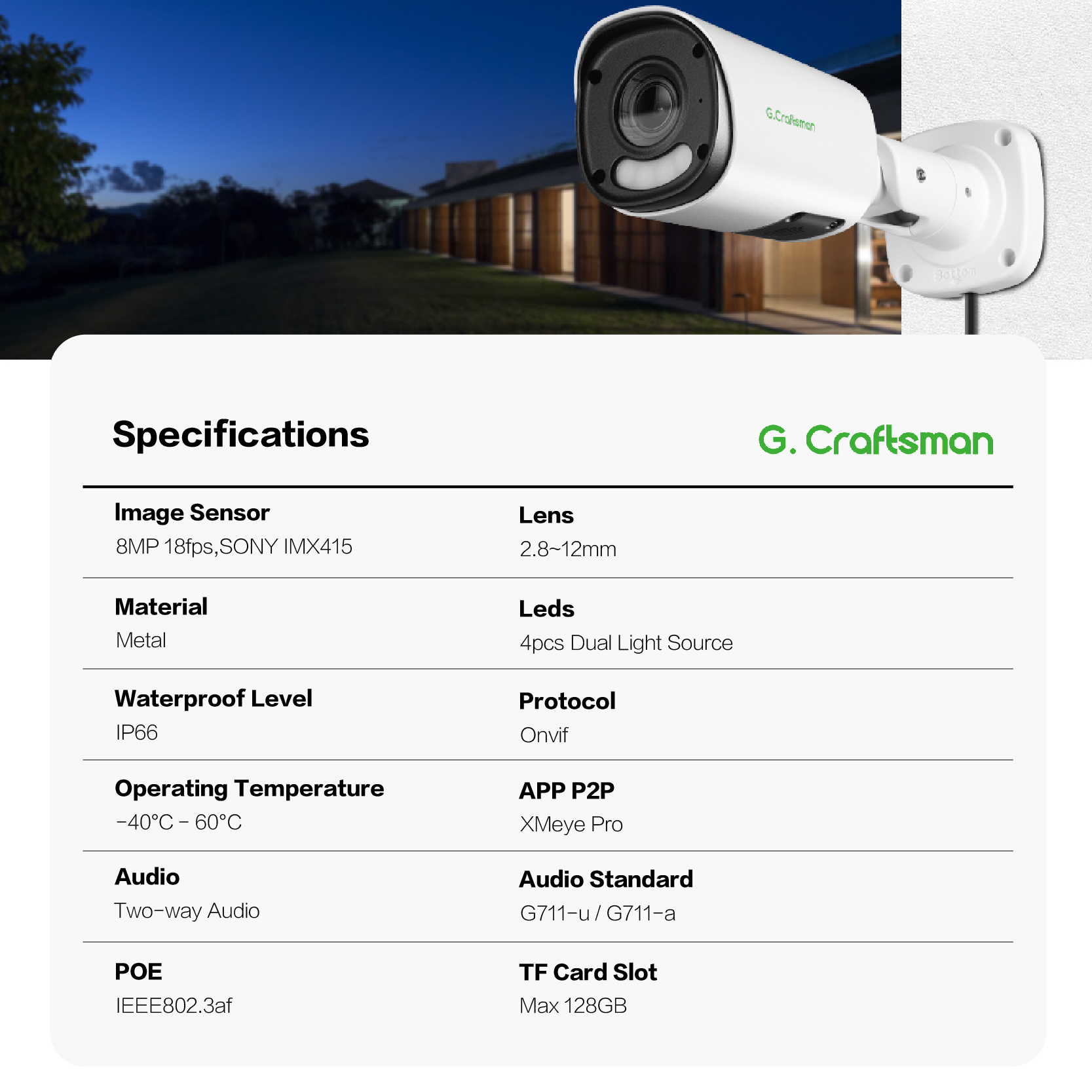 GX-YURVD-M8S(AG) 4K 8MP Dual Light SONY 4x Zoom 2.8-12mm Motorized Lens Two-Way Audio IP67 Waterproof Bullet Security System - Image 2