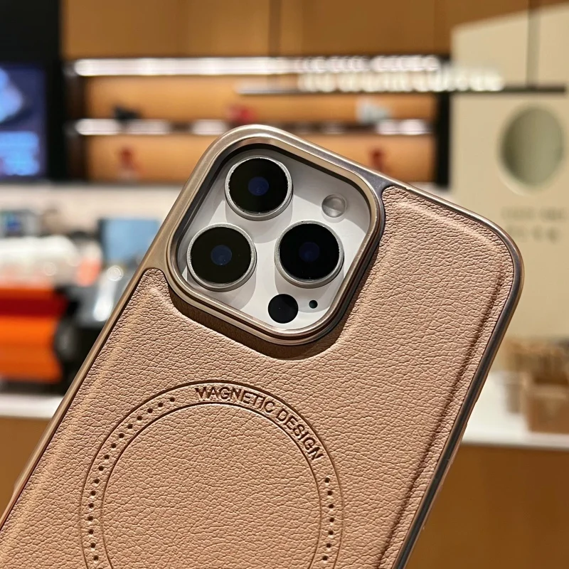 Luxury PU Leather Magnetic Case 14 15 16 Pro Max Electroplating Frame Wireless Charging Shockproof Cover for iPhone 13 Pack of 5 - Image 4