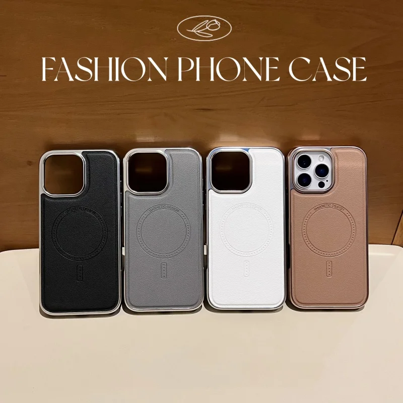 Luxury PU Leather Magnetic Case 14 15 16 Pro Max Electroplating Frame Wireless Charging Shockproof Cover for iPhone 13 Pack of 5 - Image 2