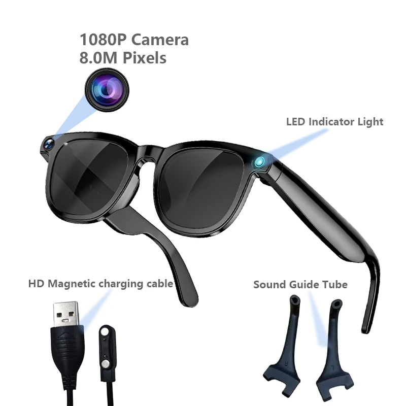 Fashion Smart Sunglasses Magnetic Fast Charging Waterproof Anti-Blue Lenses Music Camera Talk Photo Video Recording 1080P HD Pack of 5 - Image 2
